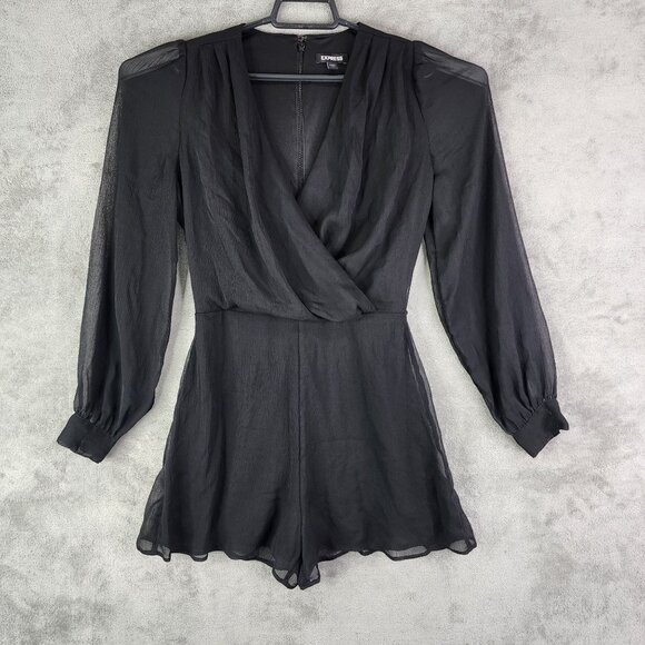 Women's Black Express Romper Long Sleeve Wrap V Neck 100% Polyester Size XS - Picture 2 of 14